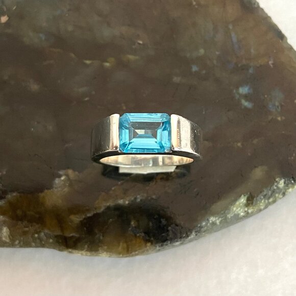 Sterling Silver 925 Horizontal Emerald Cut Blue Topaz Wide Band Ring Sz 7.75 - Picture 13 of 16